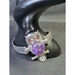 Whimsical Owl Amethyst, Purple Austrian Crystal Cuff Bracelet Silver Tone